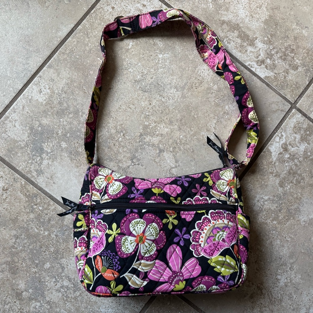 Vera Bradley Black and Pink Crossbody Bag with Quilted Floral Design